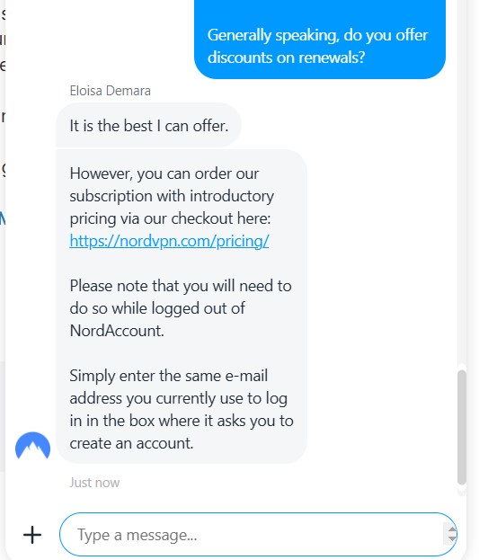 NordVPN live chat regarding discount for renewal